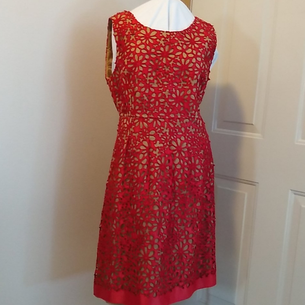 Red Lace Overlay over Tan Linen Dress Sleeveless